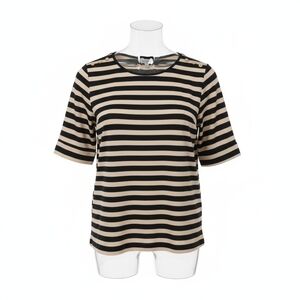 BonWorth Woman's Striped Tee - Black and Gold Elbow Length Sleeves